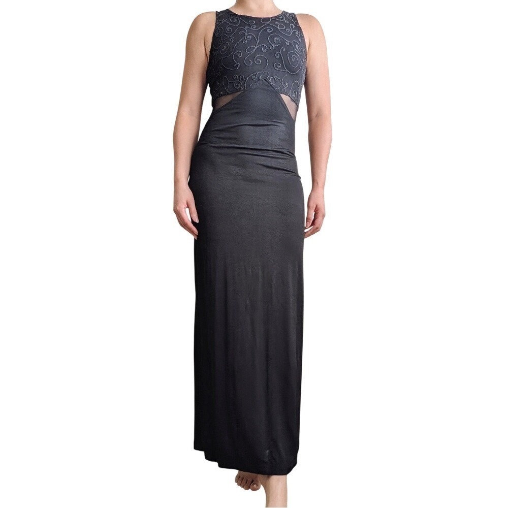 Vintage 90s Whimsigoth Roamntic Goth Embellished Beaded Sheer Formal Maxi Dress